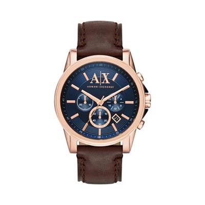 Men's rose gold and dark brown leather chronograph bracelet watch ax2508